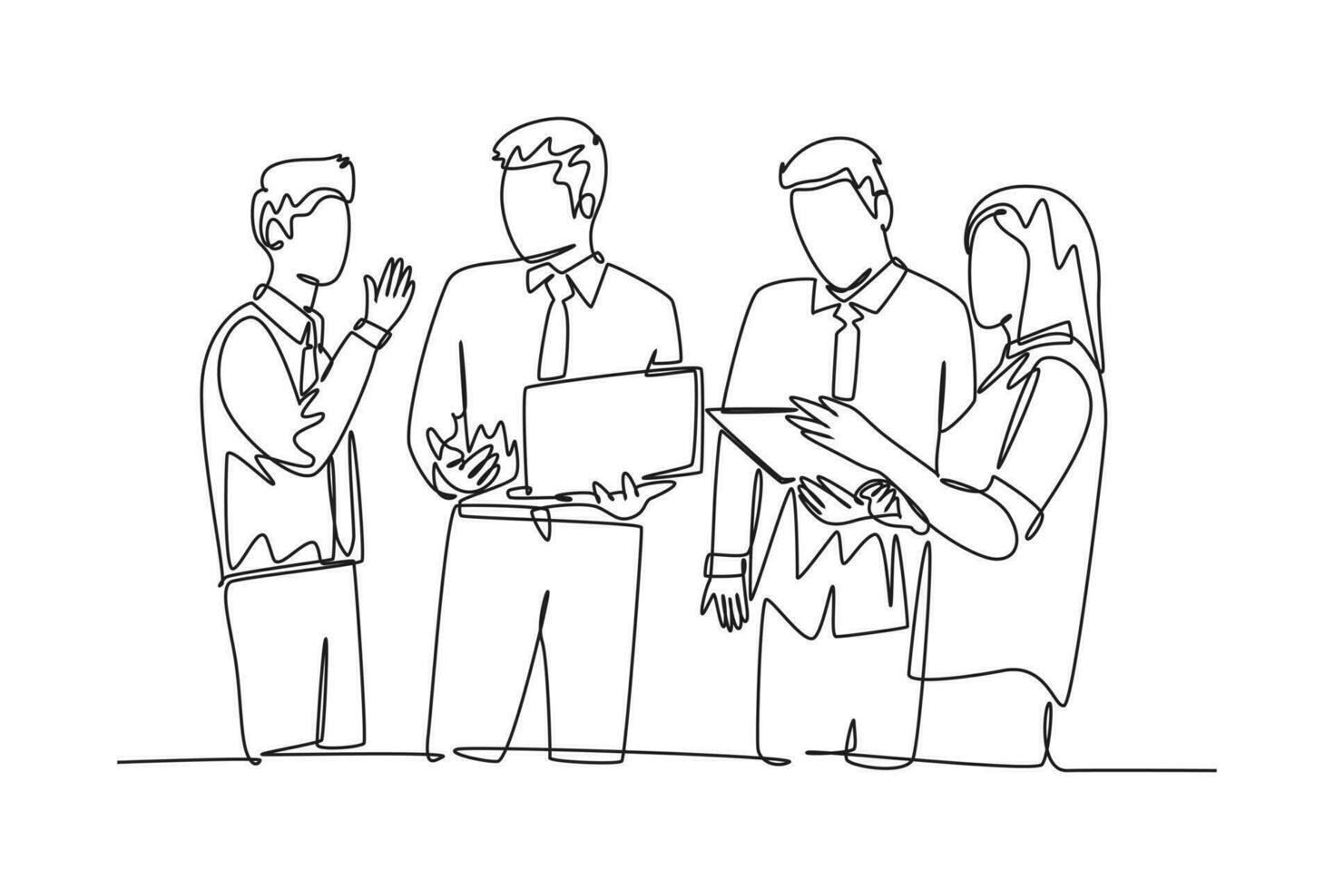 Single continuous line drawing young attractive businessmen and businesswoman listening trainer explain business lesson. Business presentation concept. One line draw graphic design vector illustration