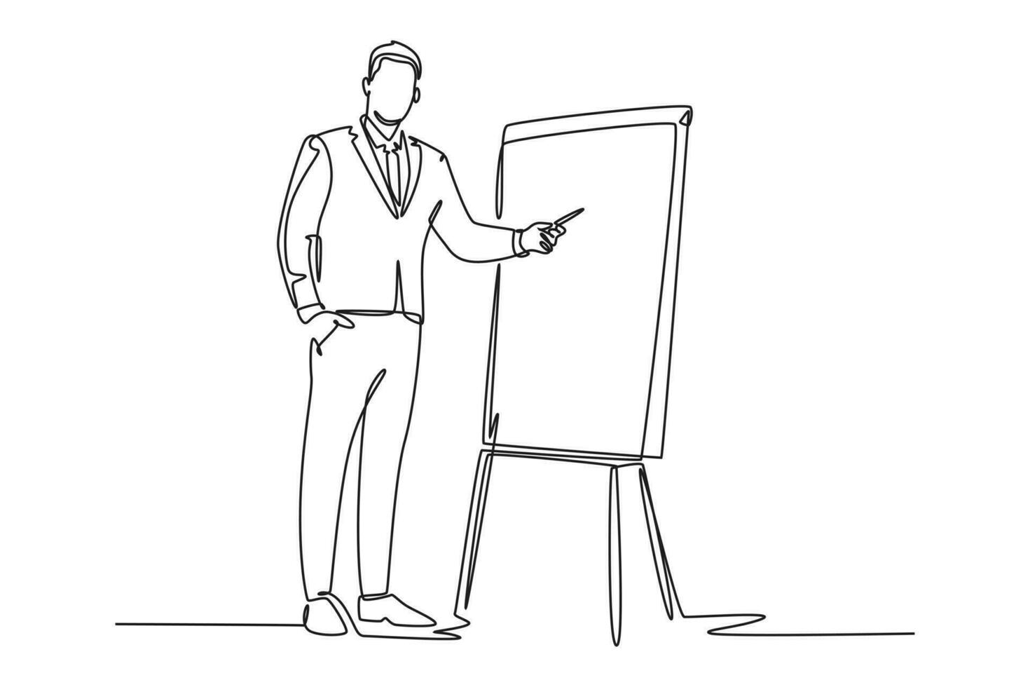 Continuous one line drawing young smart manager writing business success formula on flip chart and share it to audience. Business training concept. Single line draw design vector graphic illustration