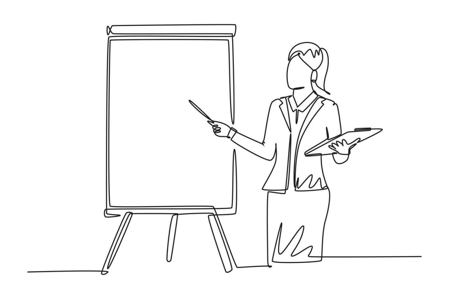 Single continuous line drawing young female presenter pointing the finger to screen with marker. Business presentation at the office concept. Dynamic one line draw graphic design vector illustration