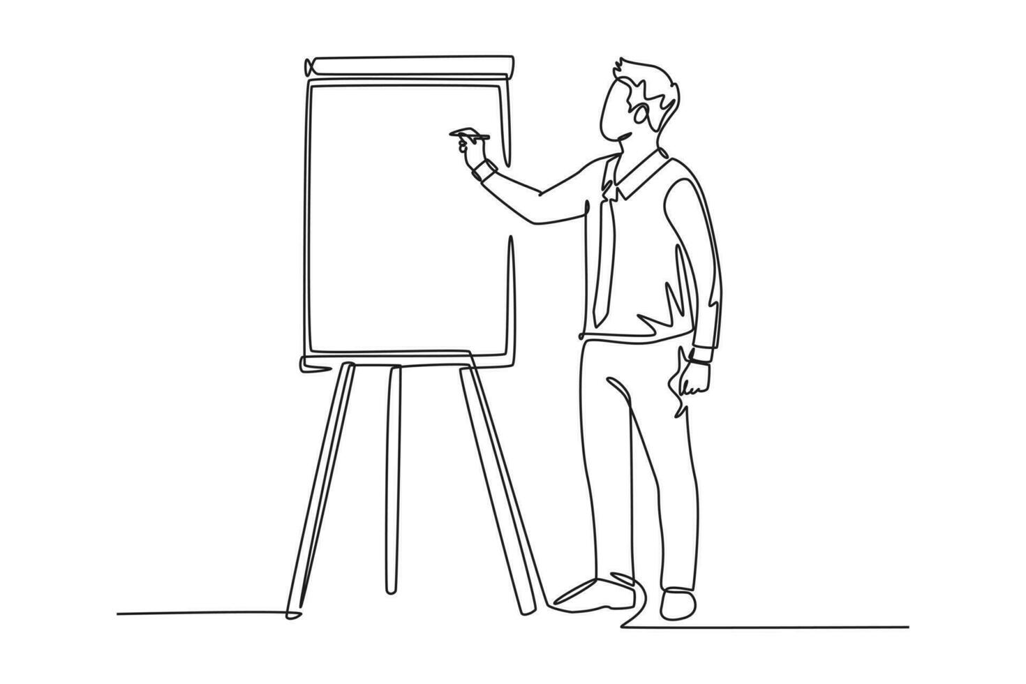 Single continuous line drawing young smart presenter explaining business strategy during team meeting. Effective training presentation for work office. One line draw graphic design vector illustration