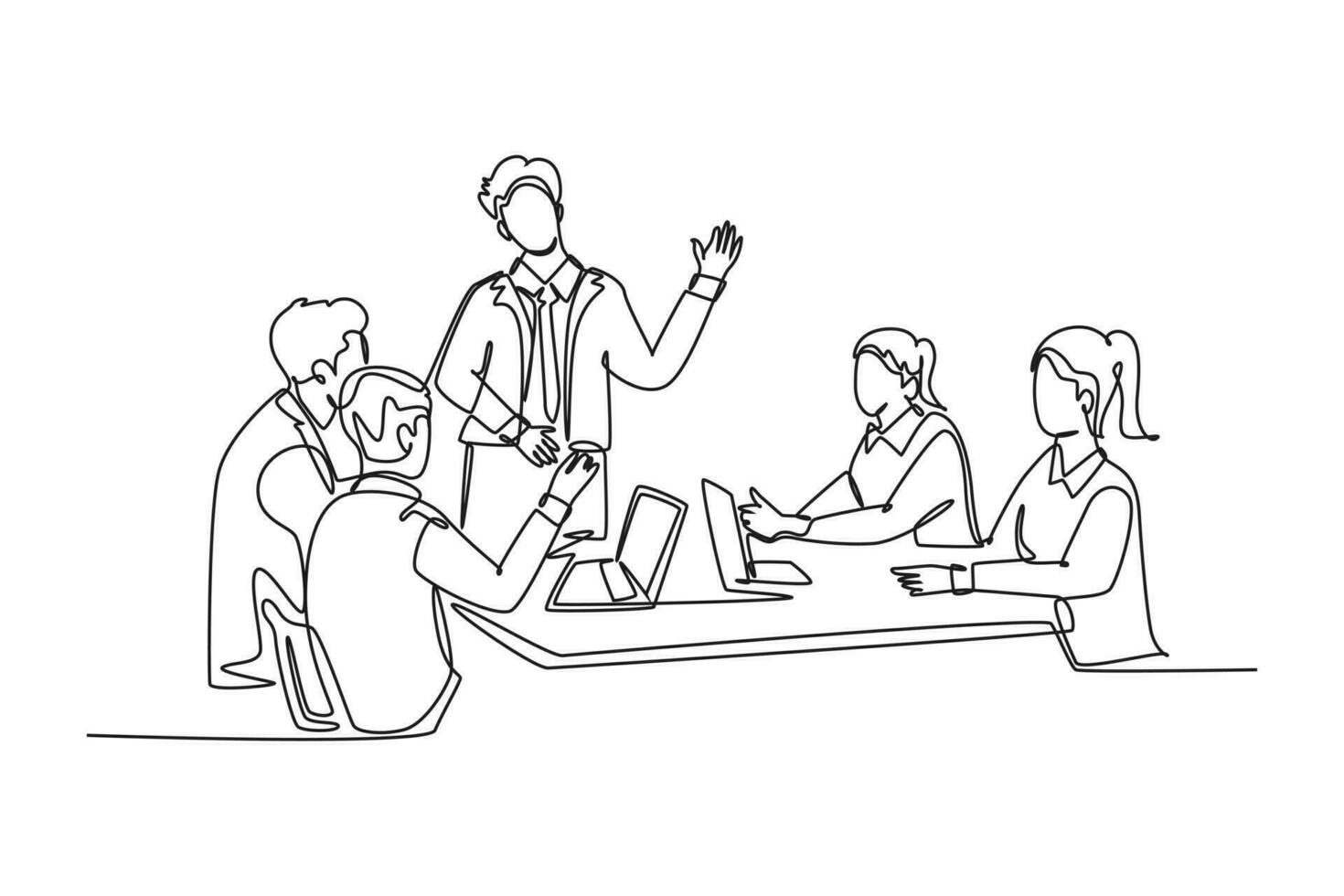 Single one line drawing of young male and female sales managers meeting to discuss company goal target at the office. Sales marketing strategy. Continuous line draw design graphic vector illustration