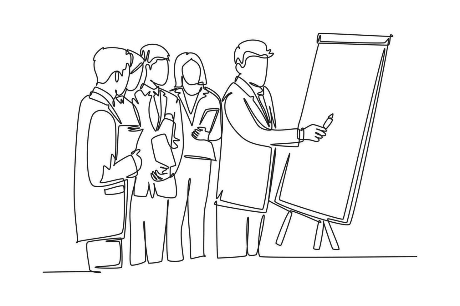Continuous one line drawing senior manager giving presentation and instruction to the marketing staff on flip chart. Business group meeting concept. Single line draw design vector graphic illustration