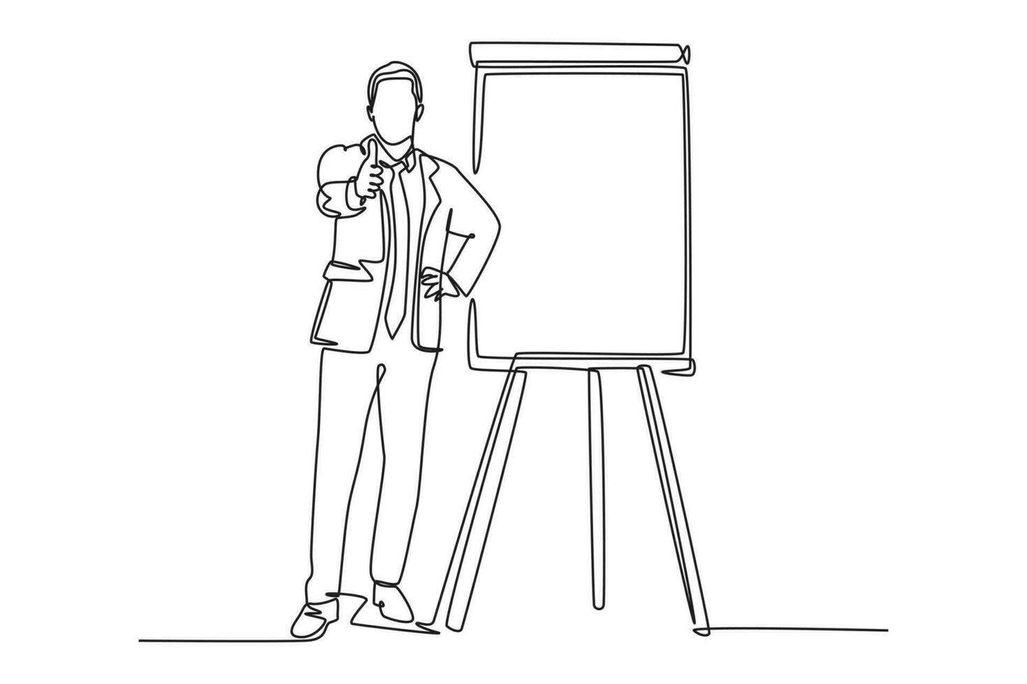 Single continuous line drawing of young presenter giving thumbs up gesture to the audience while meeting. Business presentation at the office concept. One line draw graphic design vector illustration