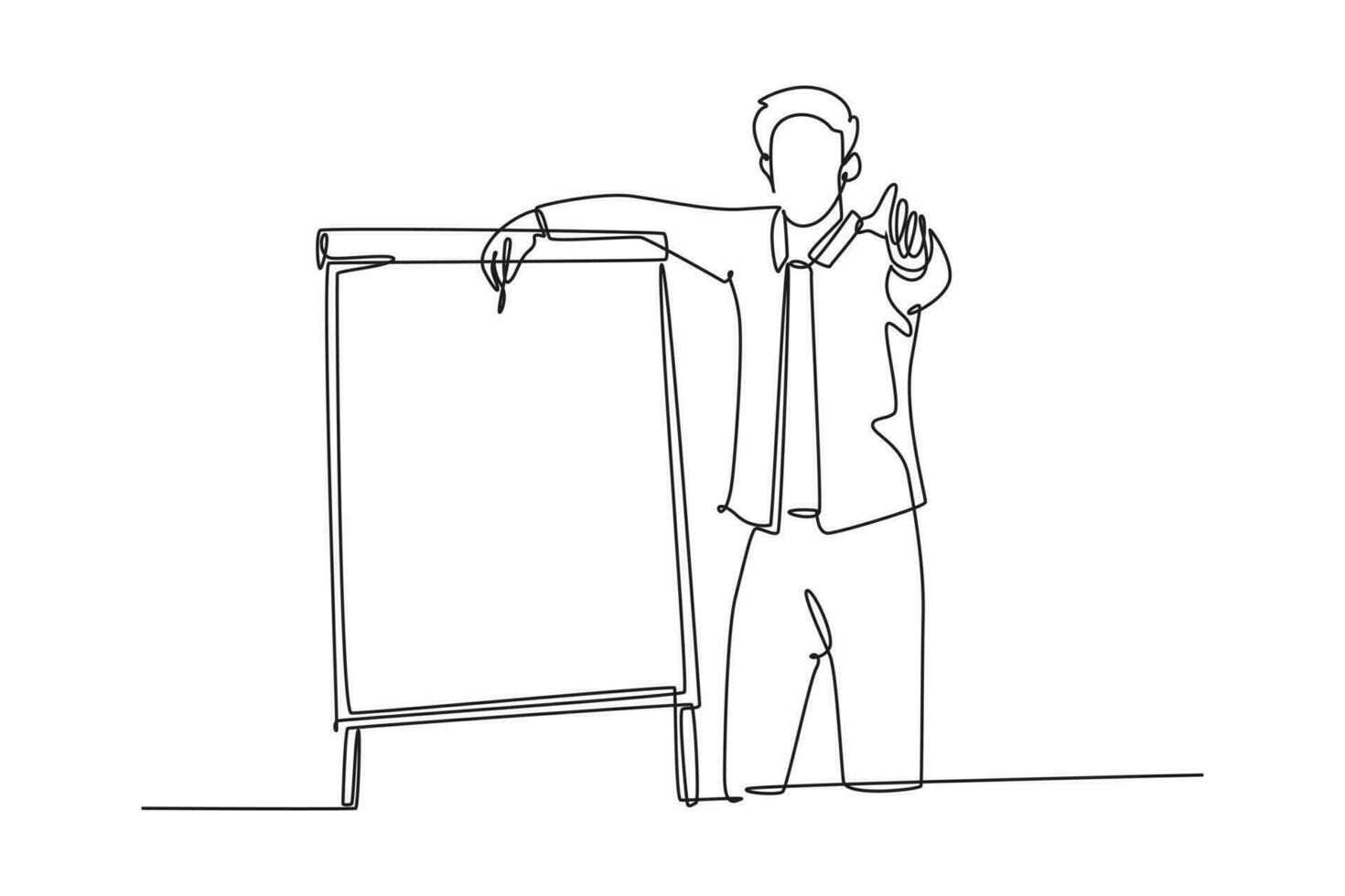 Single continuous line drawing young presenter giving thumbs up gesture to the audience while meeting. Business presentation at office concept. Dynamic one line draw graphic design vector illustration