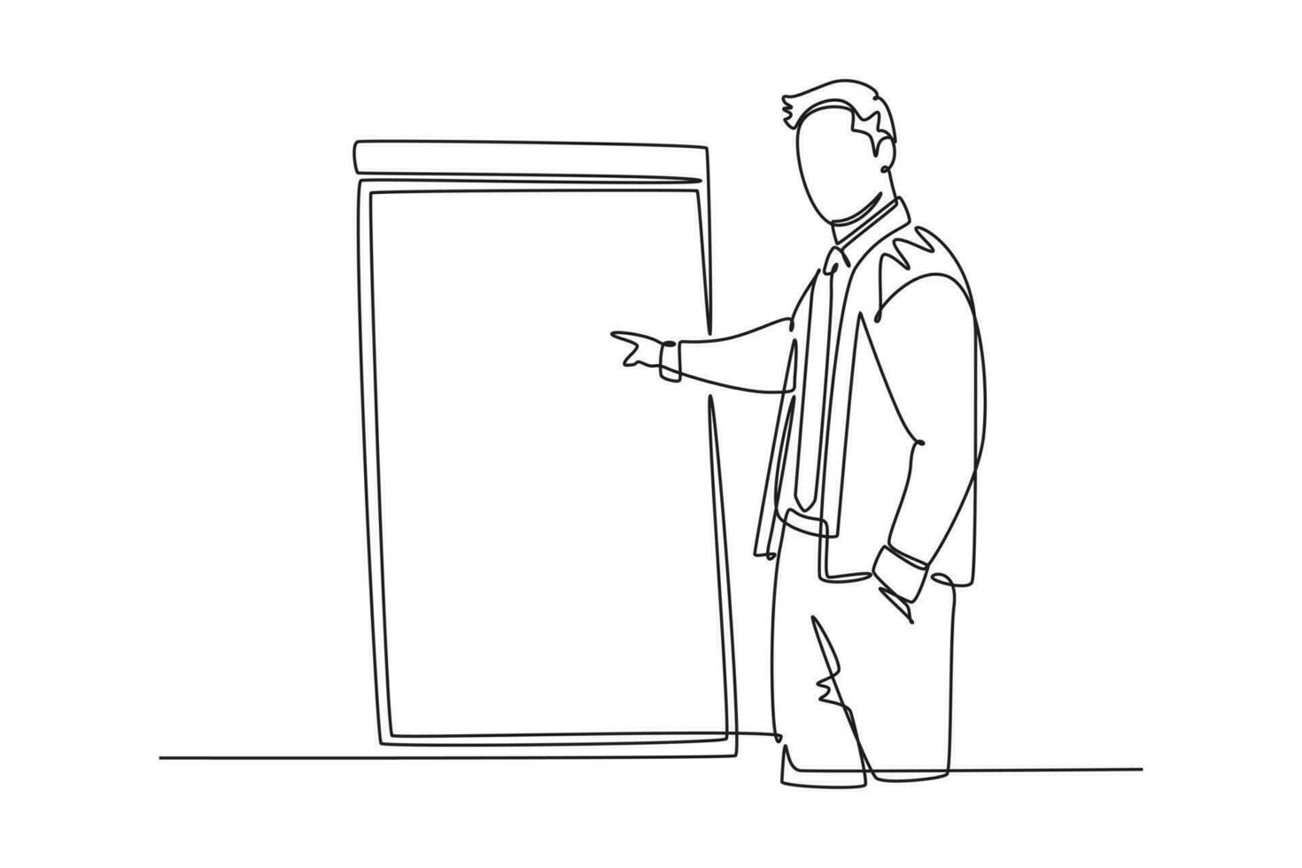 Continuous one line drawing of young business coach pointing finger to the screen board while coaching in front of class. Business coaching concept. Single line draw design vector graphic illustration