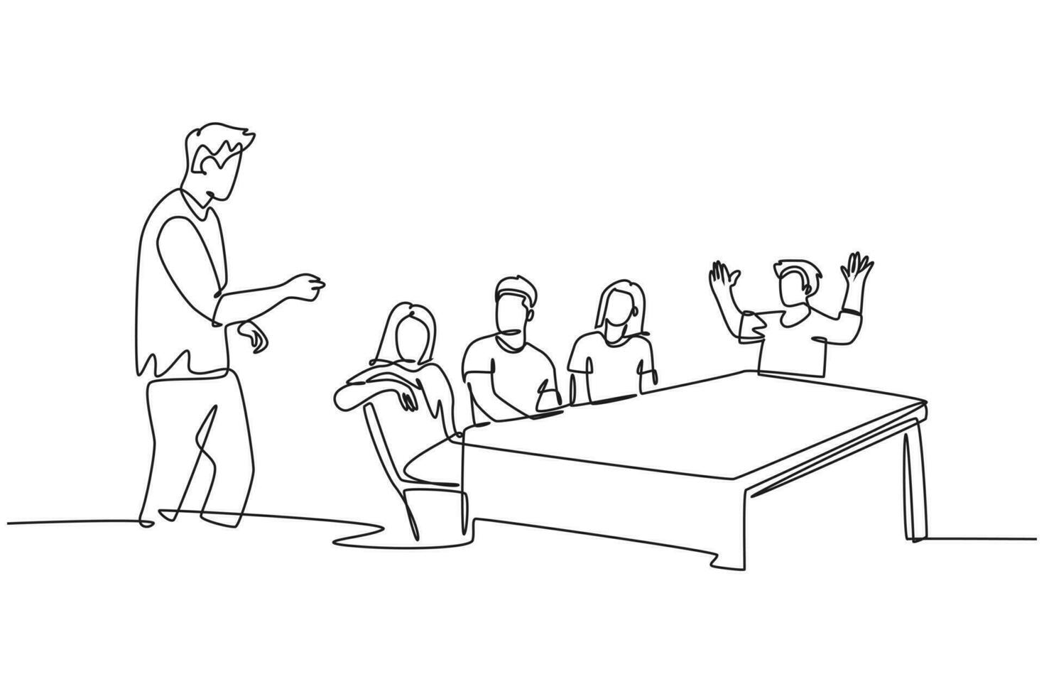 Single one line drawing young startup CEO lead the company gathering and meeting with his team member at the office. Business meeting concept. Continuous line draw design graphic vector illustration