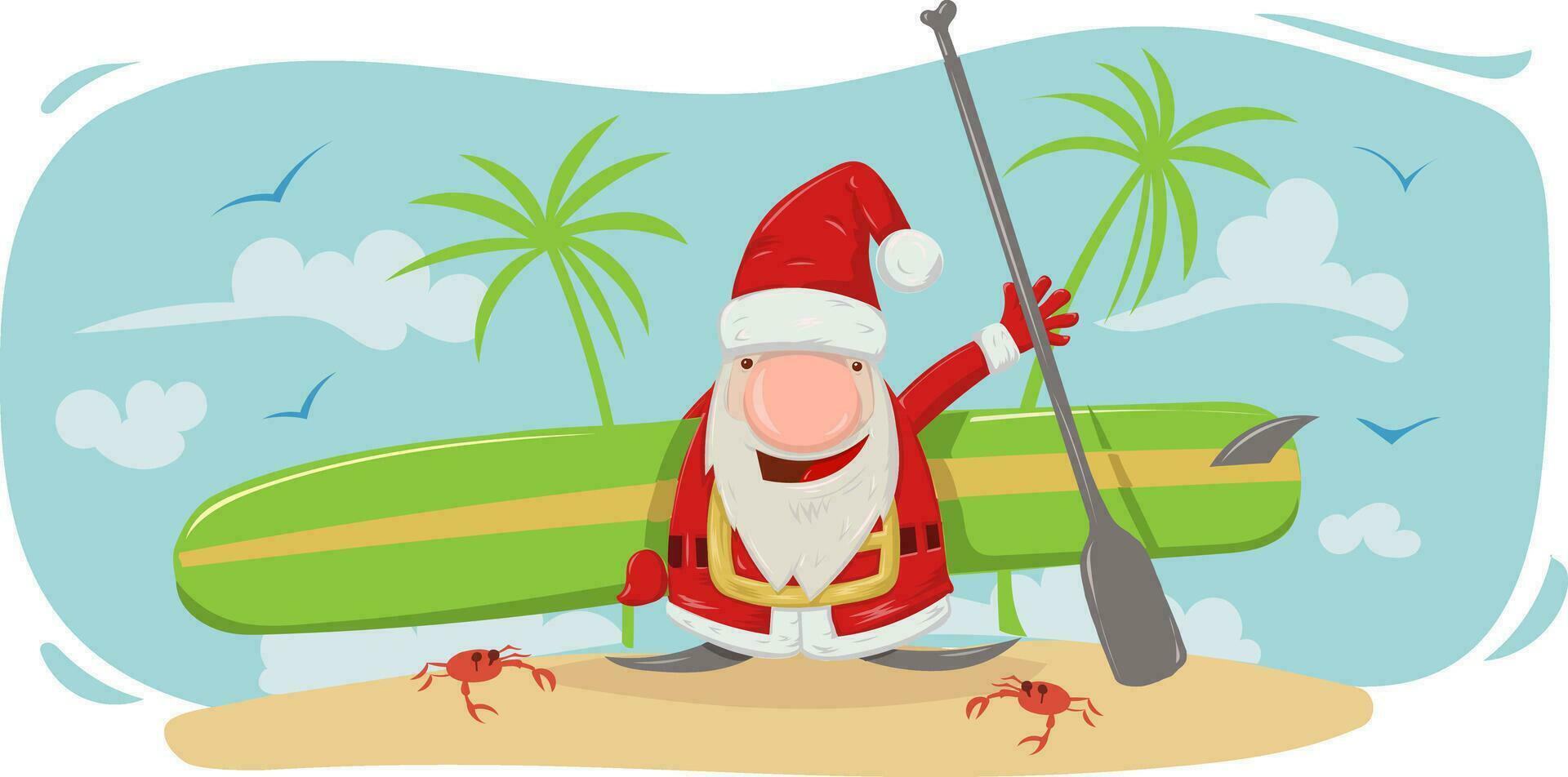 santa claus with stand up paddle cartoon on summer background . vector illustration