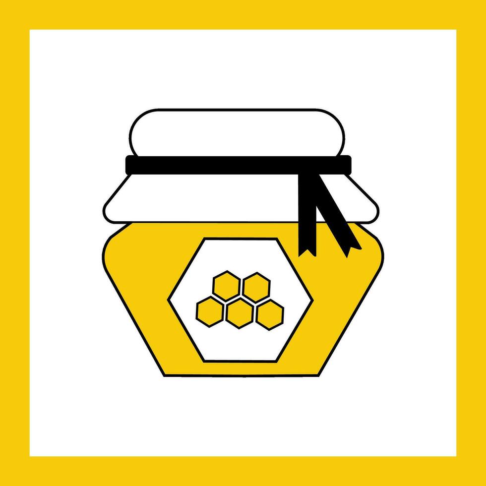 Honey jar sign icon - flat vector illustration with yellow frame. Icon on the theme of honey and beekeeping