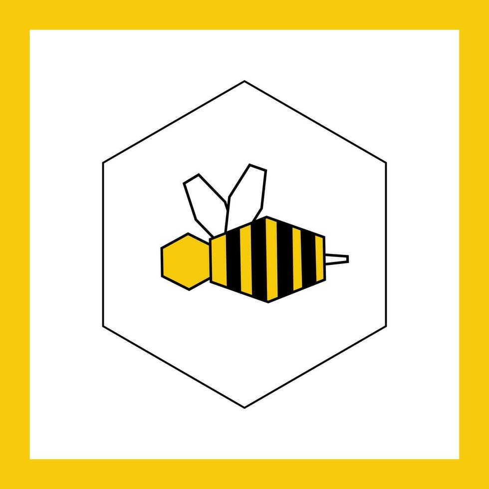 Bee sign icon in honey cell - flat vector geometric illustration with yellow frame. Icon on the theme of honey and beekeeping