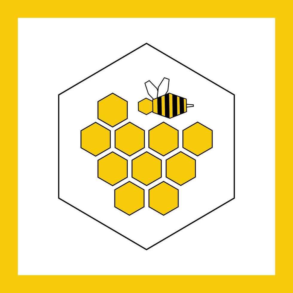 Bee and honeycomb sign icon - flat vector geometric illustration with yellow frame. Icon on the theme of honey and beekeeping