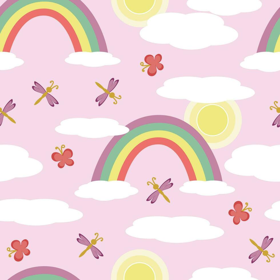 pattern Rainbow and sun in the sky with butterflies and dragonflies vector