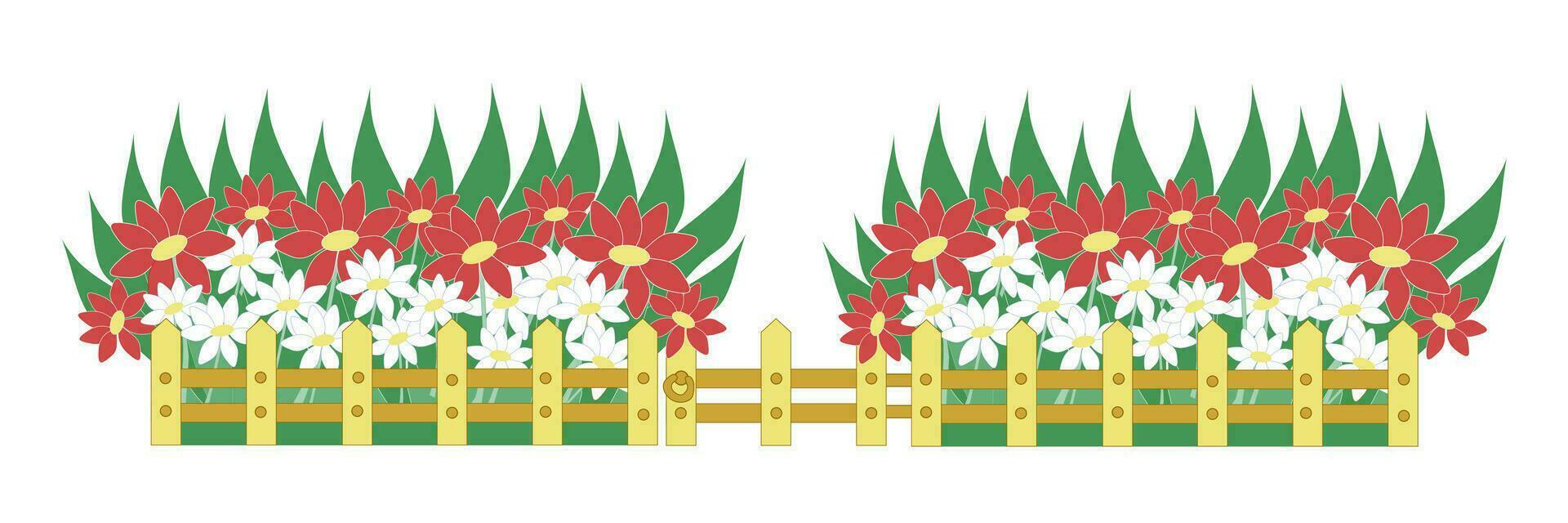 A flower garden, a flower bed with blooming red and white daisies and daisies, a front garden with a low wooden fence and a gate. Vector cartoon illustration for design