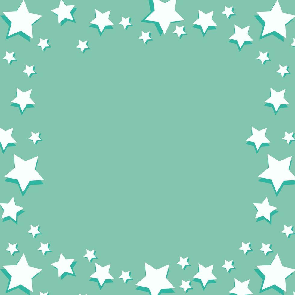 Vector square festive green pastel background with a frame of white volumetric stars and place for text for web design, social media posts