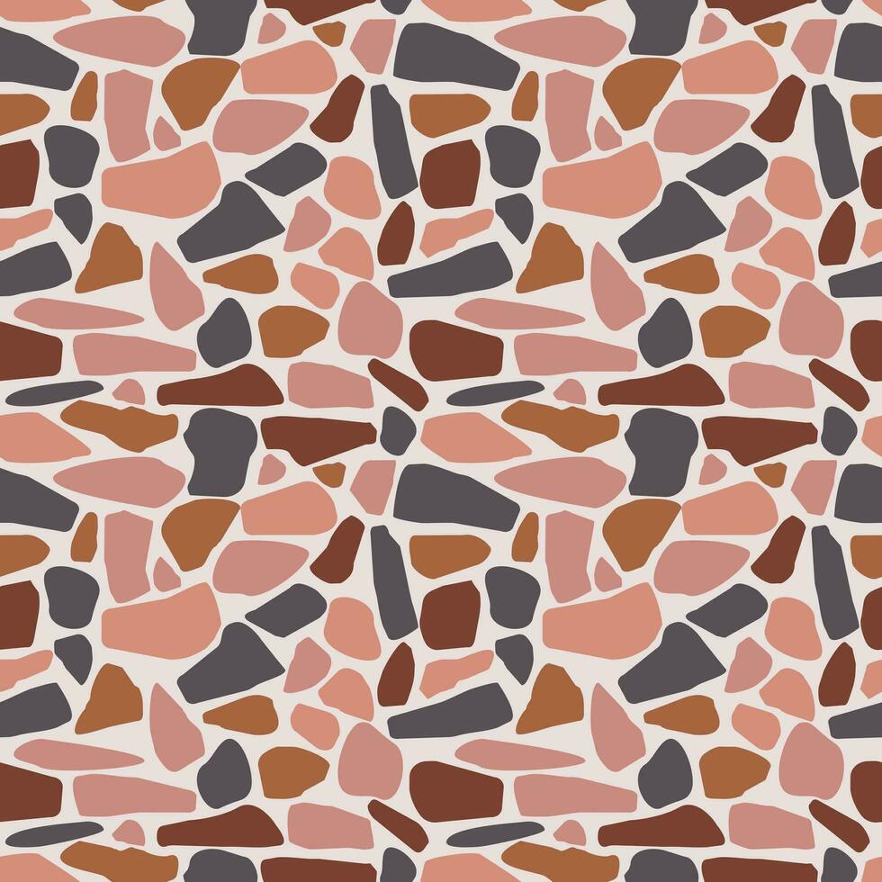 Seamless pattern of colored stones in pink, blue and brown shades on a light gray-pink background. Vector illustration, abstract square background for wallpaper, packaging, textile, web design