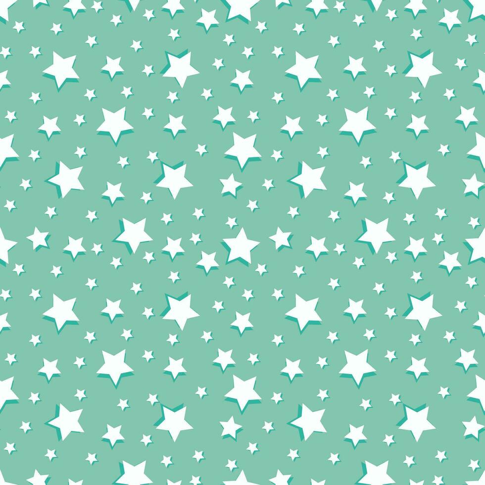 Seamless pattern of white volumetric stars on a green pastel. Vector festive background for packaging, textile, wallpaper, web design