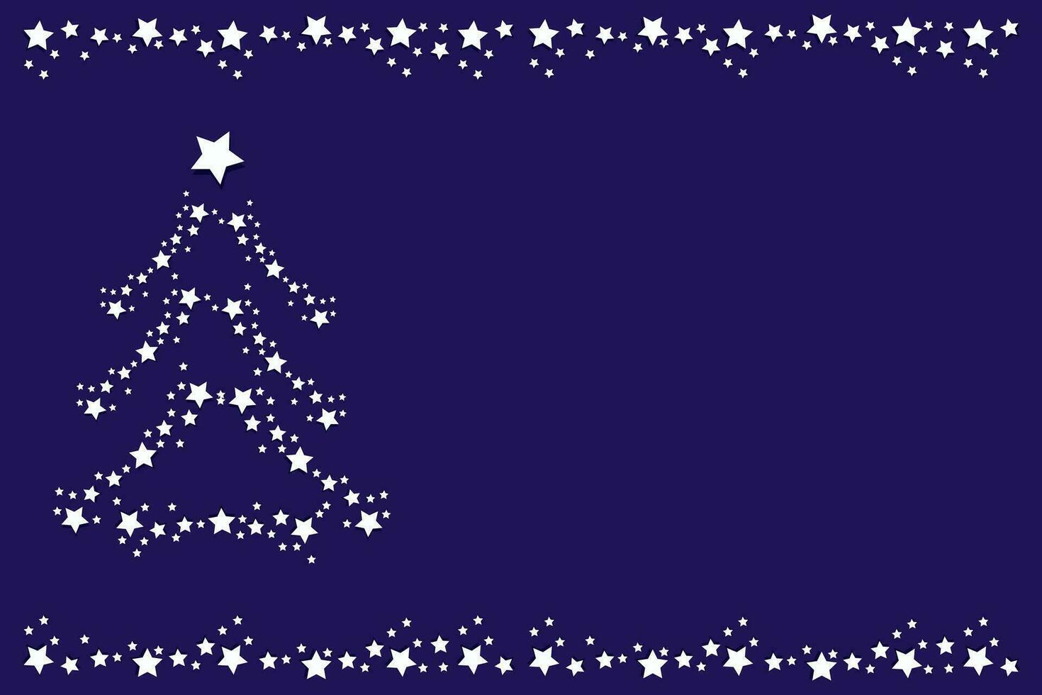 Vector Christmas dark blue background - banner, card with stripes on top and bottom and Christmas tree made of white volumetric stars with place for text