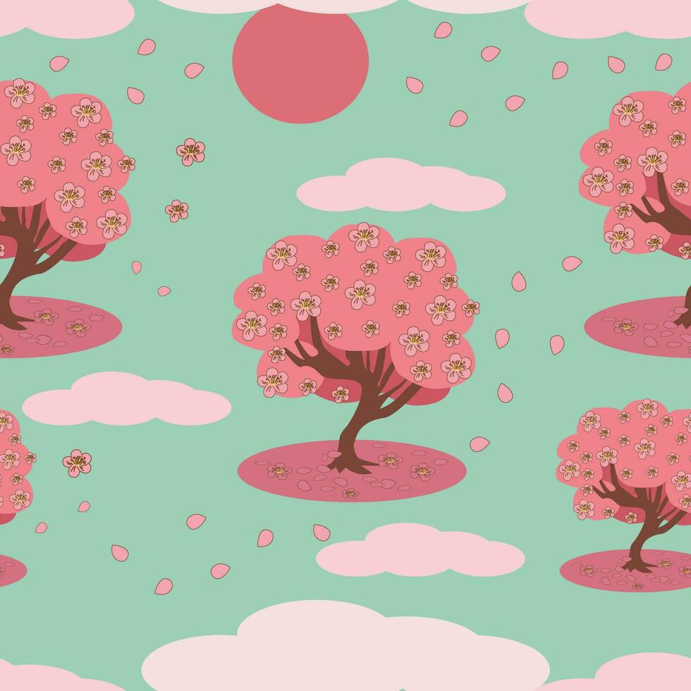 pattern of blooming pink sakura tree, sun, clouds and petals vector