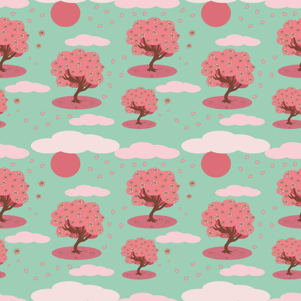 Seamless pattern of blooming pink sakura tree, sun, clouds and petals. Fairytale turquoise background, vector cartoon illustration for wallpaper, packaging, textile