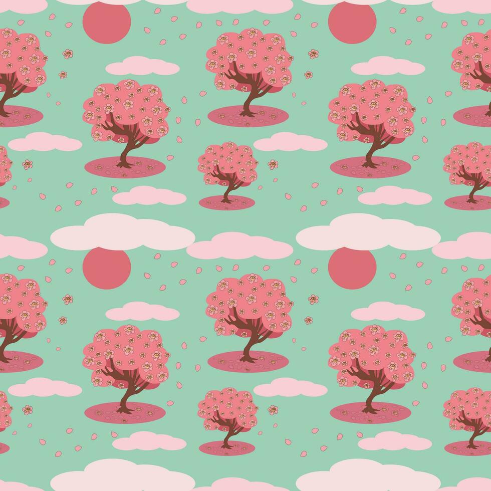 Seamless pattern of blooming pink sakura tree, sun, clouds and petals. Fairytale turquoise background, vector cartoon illustration for wallpaper, packaging, textile