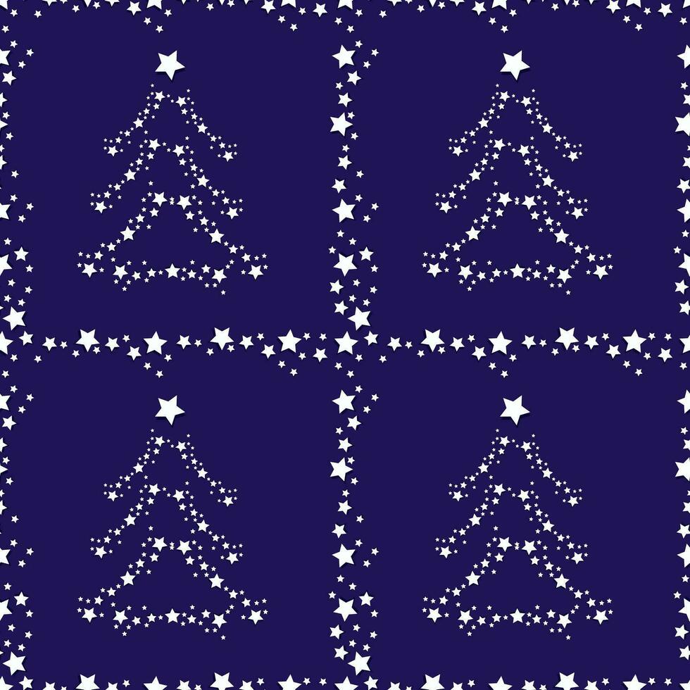 Vector festive dark blue background - seamless Christmas pattern with frame and Christmas tree made of white volumetric stars for packaging, textile, web design
