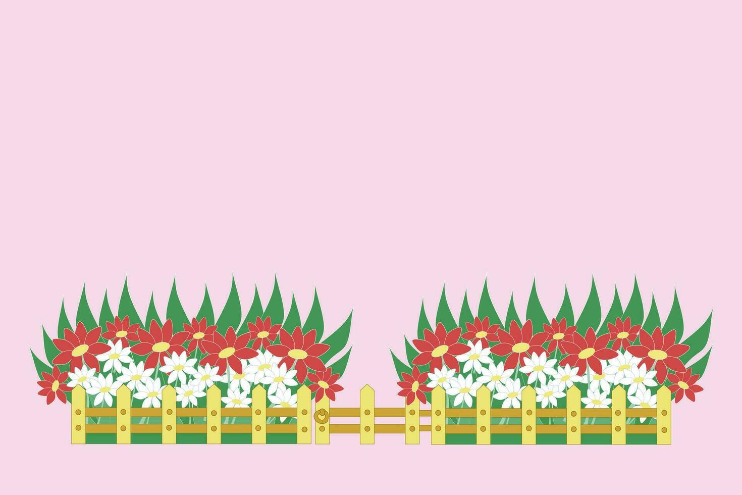 lilac background flower garden with a low wooden fence and a gate vector