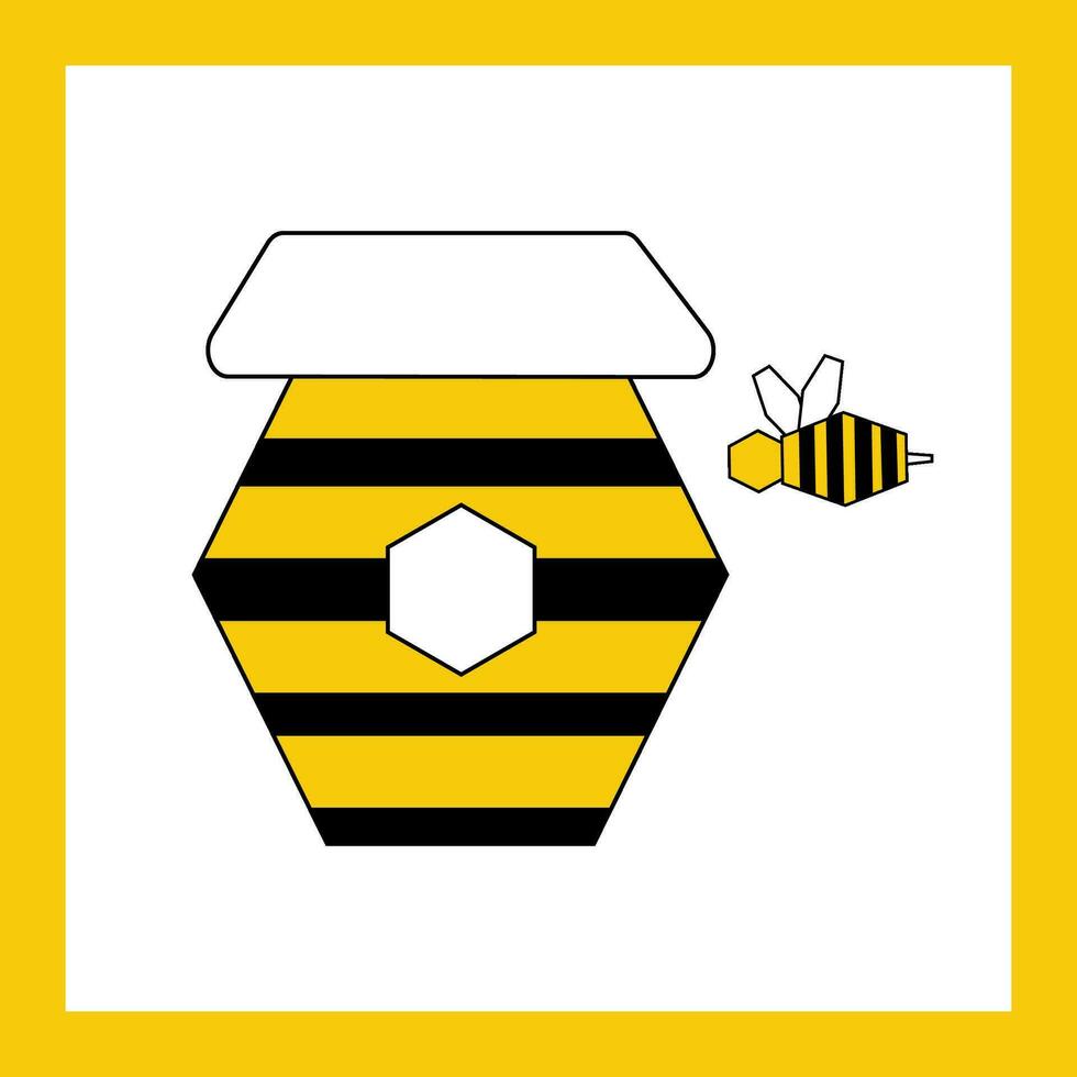 Bee and hive sign icon - flat vector geometric illustration with yellow frame. Icon on the theme of honey and beekeeping