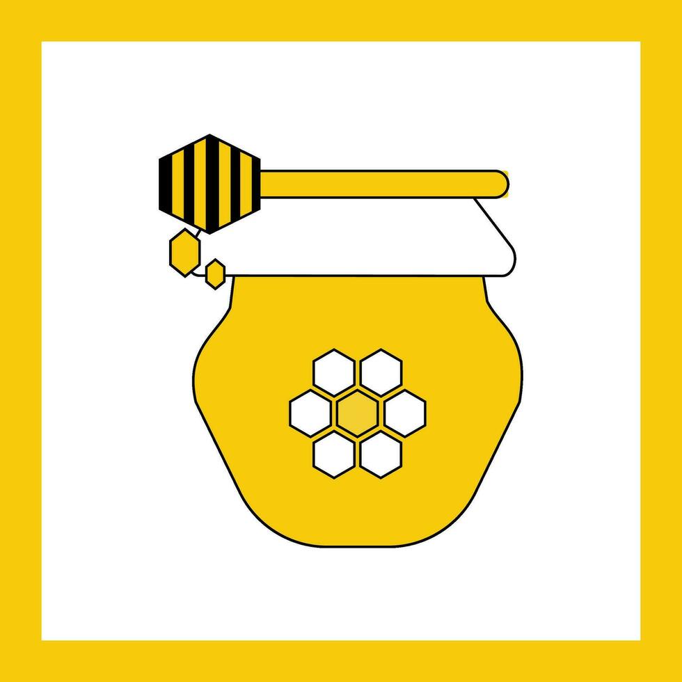 Honey jar sign icon and honey dipper with drops - flat vector illustration with yellow frame. Icon on the theme of honey and beekeeping