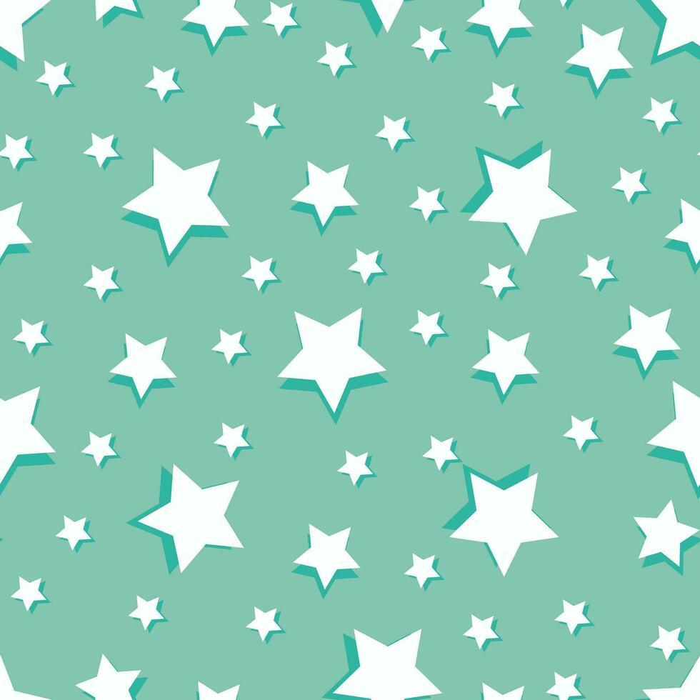 Seamless pattern of white volumetric stars on a green pastel. Vector festive background for packaging, textile, wallpaper, web design