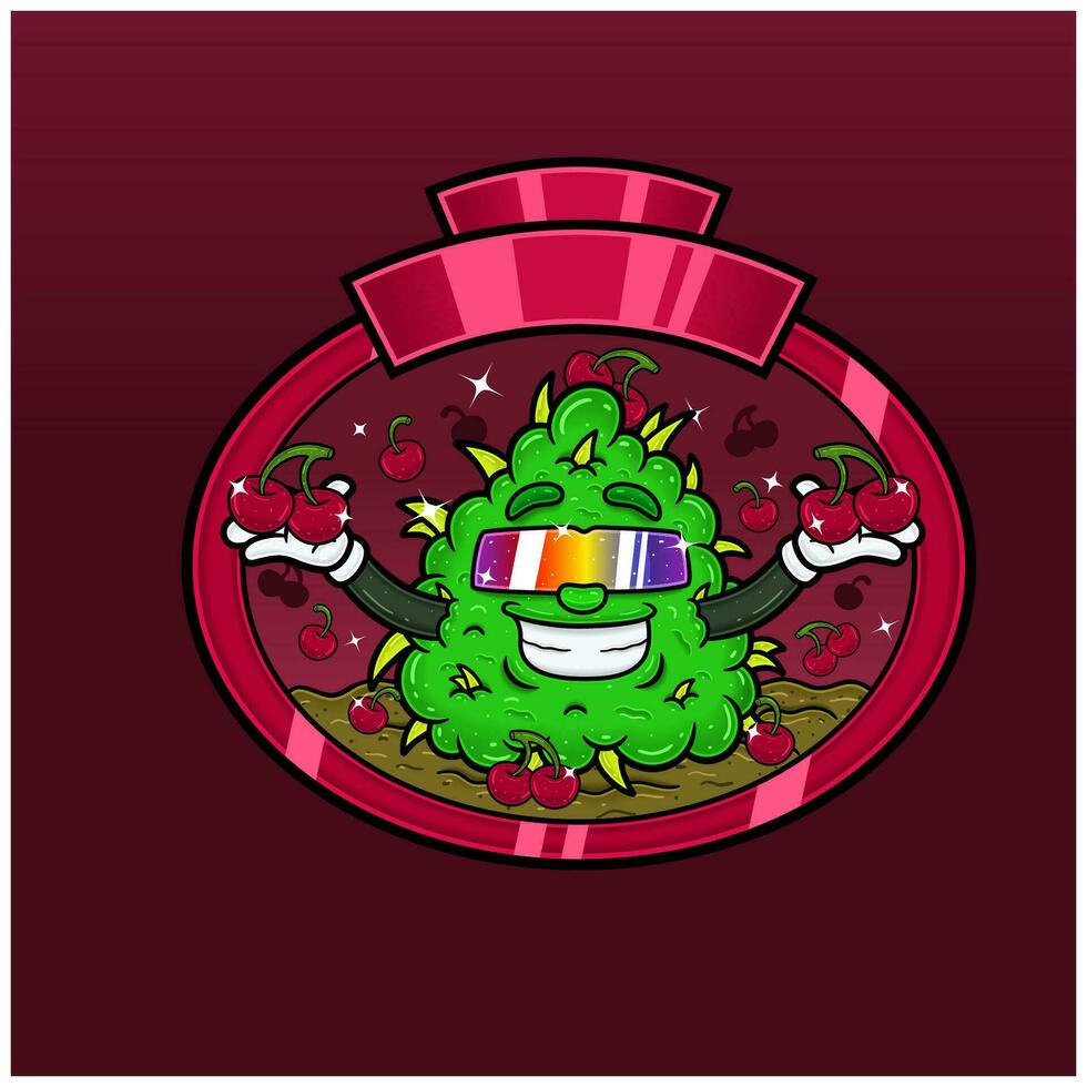Cherry Flavor with Weed Mascot Cartoon. Weed Design For Logo, Label and Packaging Product. vector
