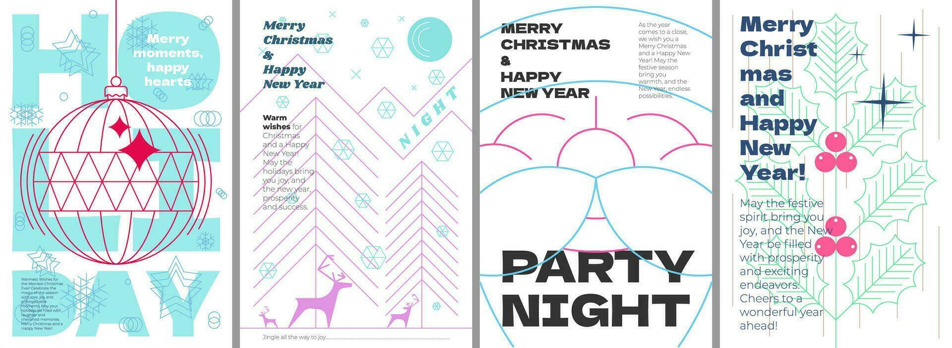 Merry Christmas and Happy New Year holiday party night minimal style abstract linear graphic poster set. Celebration decoration print with mistletoe branch and reindeer. Modern trendy art banner. Eps vector