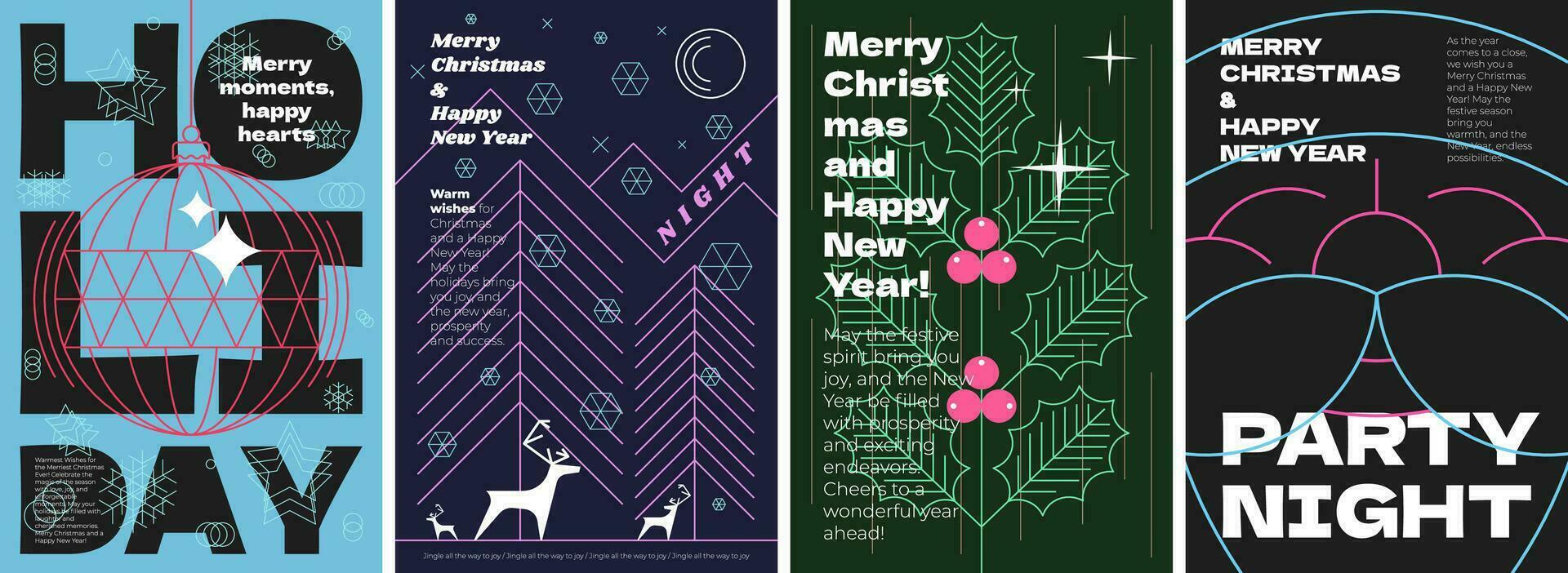 Merry Christmas and Happy New Year holiday party night minimal style abstract linear graphic poster set. Celebration decoration print with mistletoe branch and reindeer. Modern trendy art cover design vector