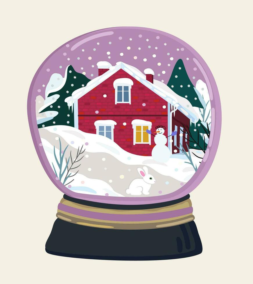 Navidad nieve globo con casa y abeto arboles adentro. alegre Navidad y contento nuevo año. vector celebracion concepto