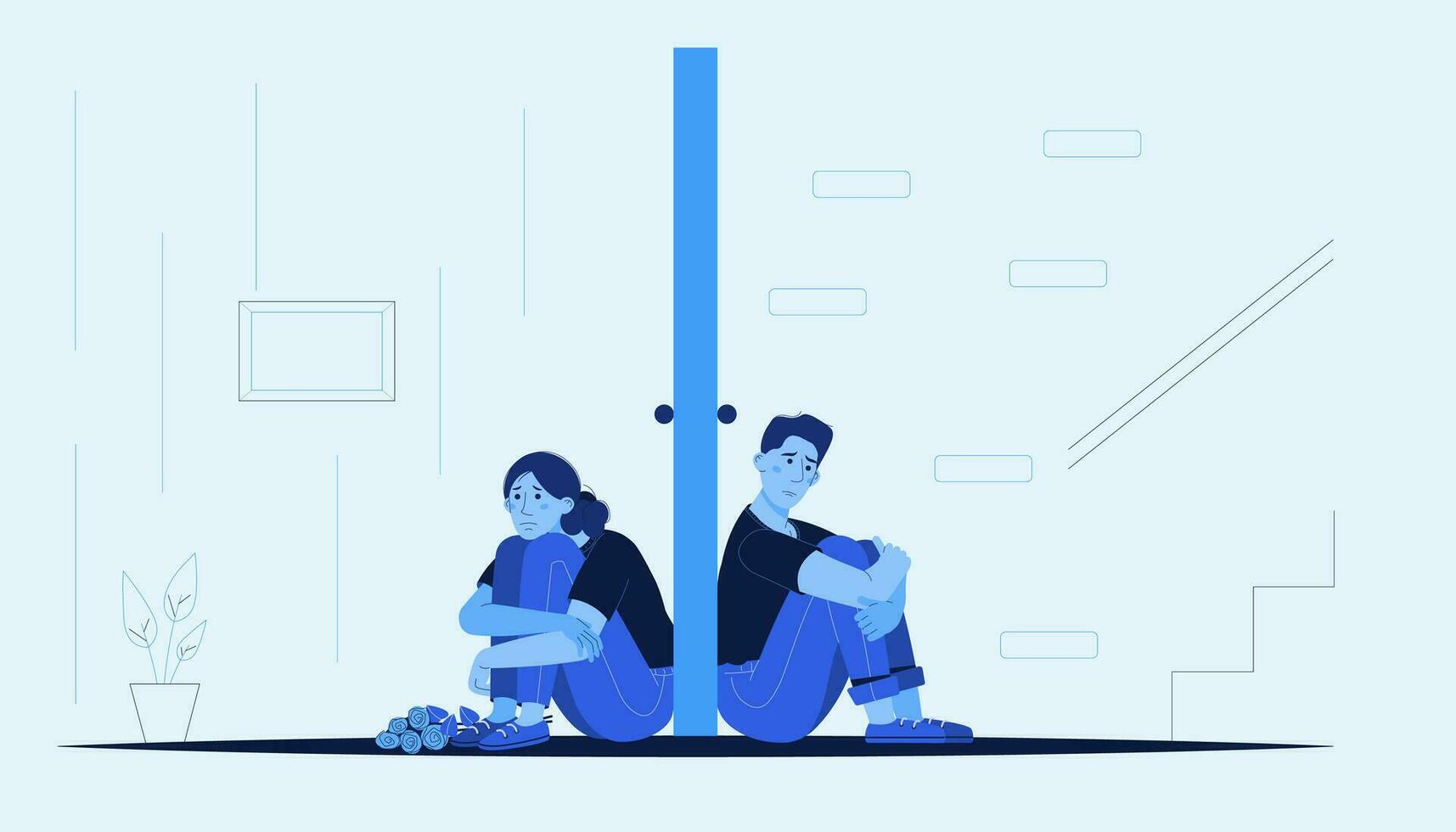 triste Pareja sentado en el piso y abrazando cada otro. relación problemas concepto. vector ilustración en azul lunes