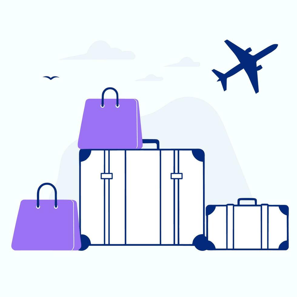 Suitcases, bags and plane on a white background, flat vector illustration. Tourism and travel subject.