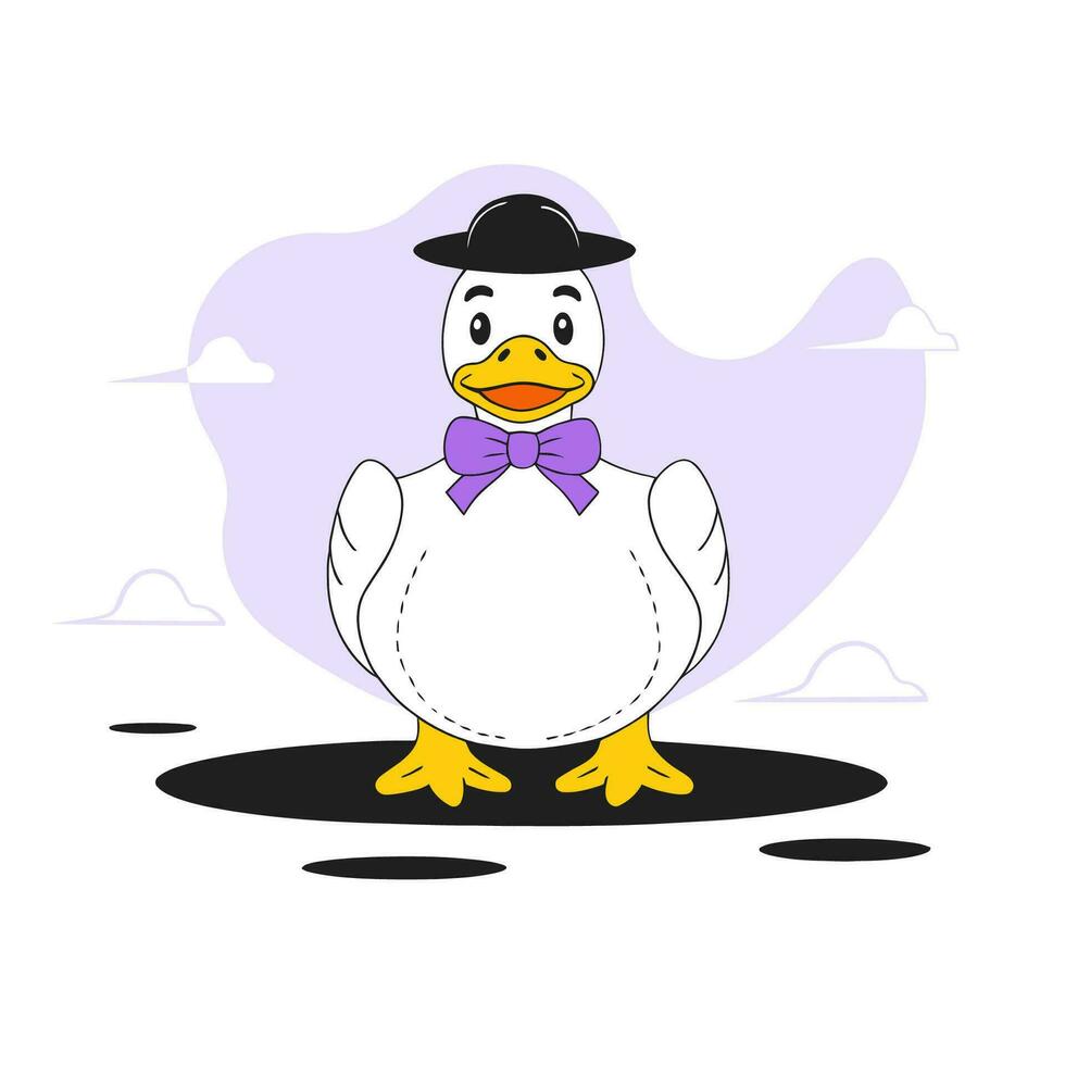 un Pato en un sombrero y arco Corbata soportes en un charco, vector ilustración.