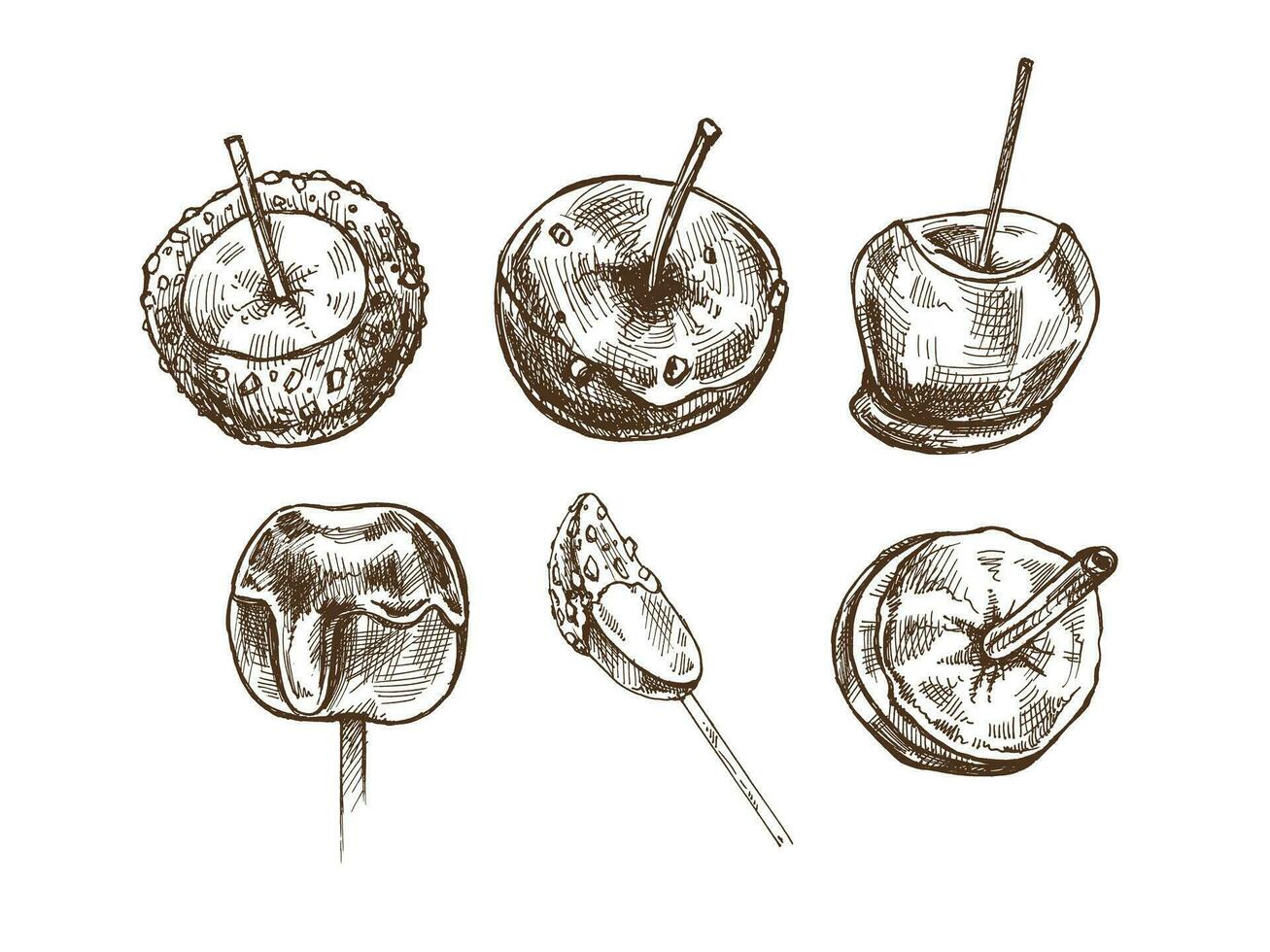 Hand-drawn sketch set of Candy Taffy  and caramel apples with nut sprinkles. Vector drawing. Traditional Christmas, Halloween dessert. Illustration for packaging, label. Vintage holiday design.