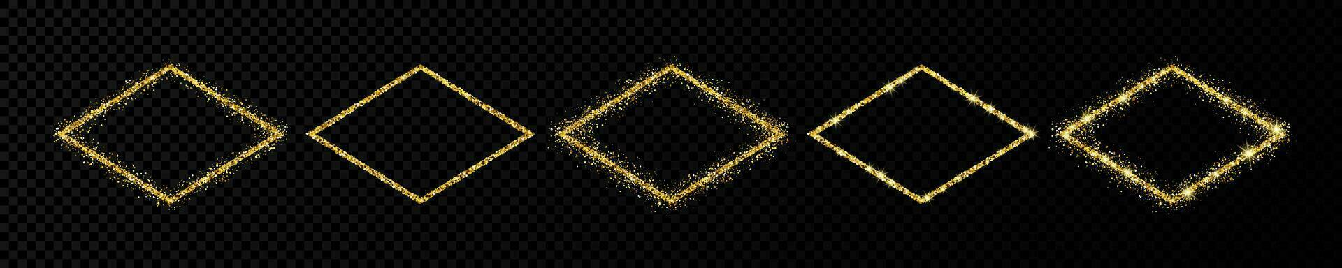 Set of five gold glitter frames. Rhombus frame with shiny sparkles on dark background. Vector illustration