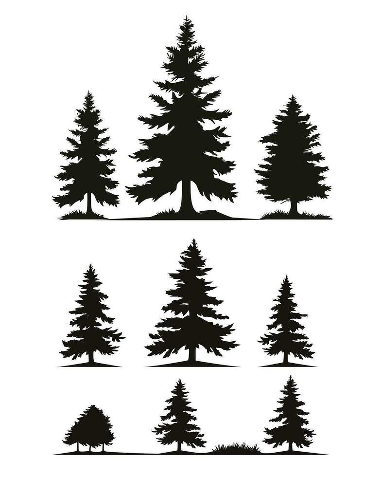 vector Clásico arboles y bosque siluetas conjunto con abeto árbol silueta y contorno