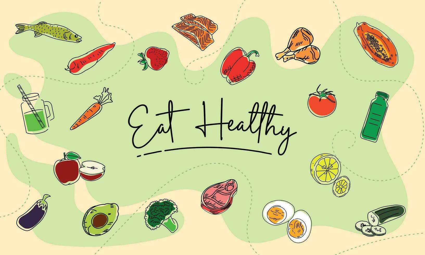 background with healthy food fruits and vegetables, vector illustration