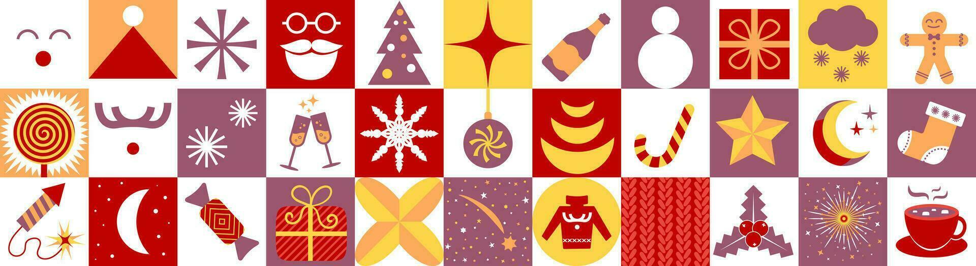 Modern Christmas Advent Calendar Template. A set of simple Christmas elements without dates in retro flat style. Set of New Year symbols. Reindeer, Christmas tree, gift, cocoa cup, red sweater etc. vector