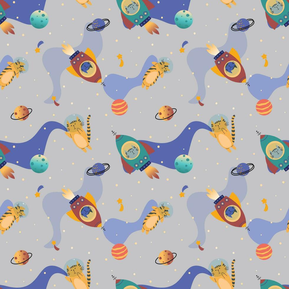 Seamless pattern with various astronaut cats in helmets, spacesuits, playing among the stars in space. Spaceships. Vector illustration