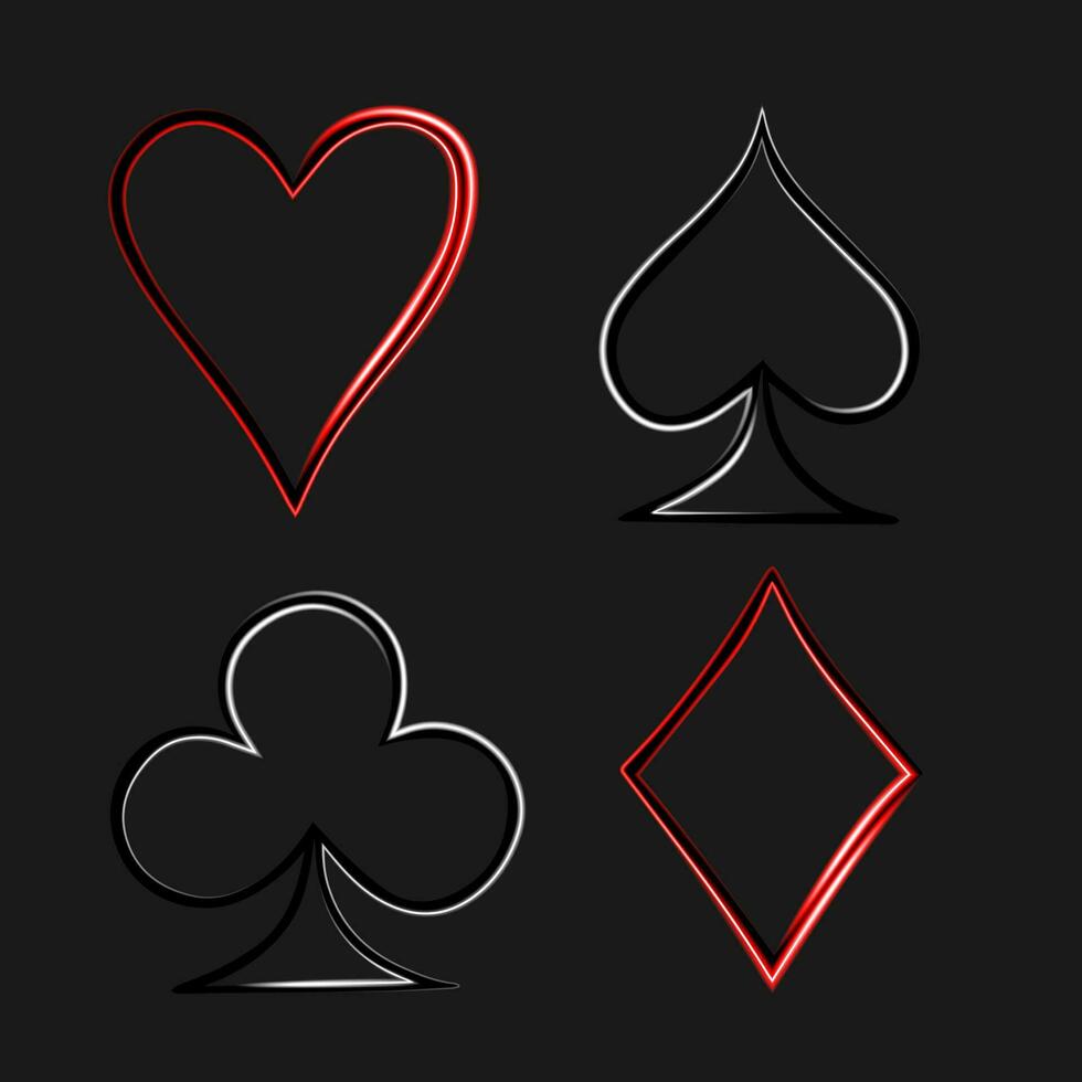 Vector isolated illustration of suit set of playing cards. Contour colors with a neon effect.