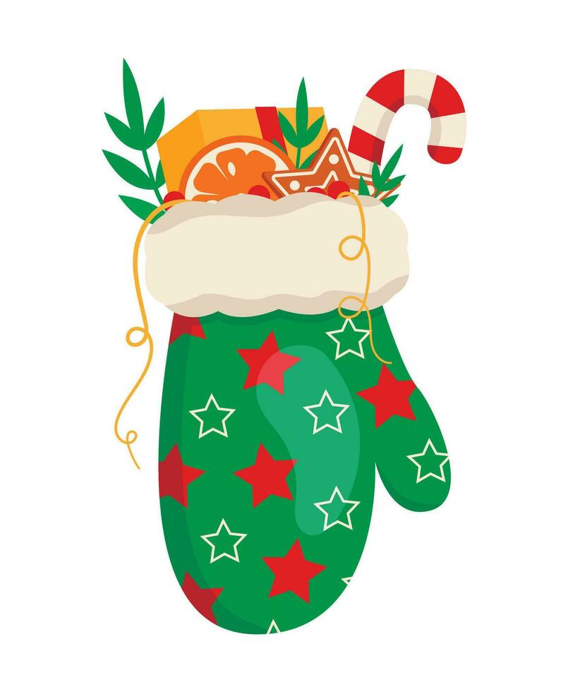 Christmas mitten with long-awaited gifts. Warm mitten. Vector graphic.