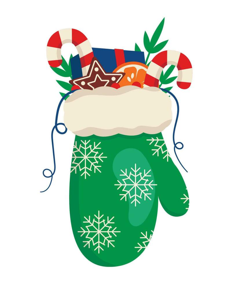Christmas mitten with long-awaited gifts. Warm mitten. Vector graphic.