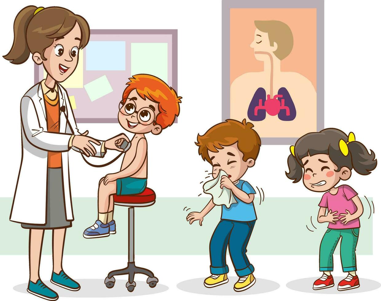 examen de enfermo niños por médico pediatra en hospital. hembra médico especialista participación estetoscopio y sonriente plano vector ilustración. pediatría, médico chequeo en clínica, medicina concepto