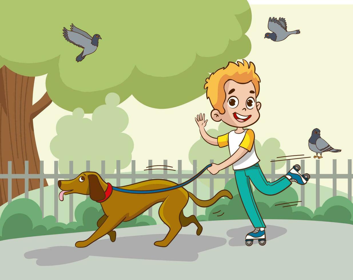vector illustration of children walking dog in park
