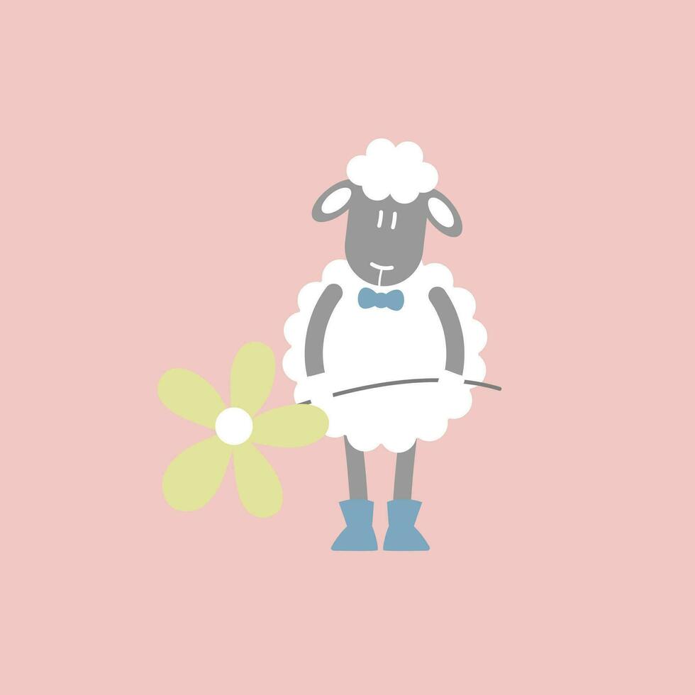 linda y encantador oveja participación flor, contento San Valentín día, amor concepto, plano vector ilustración dibujos animados personaje disfraz diseño