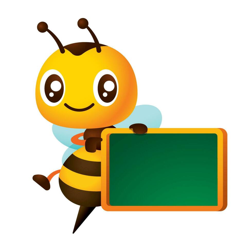 Cartoon cute honey bee finger pointing on empty blackboard illustration. Organic food and drink menu signboard concept. vector