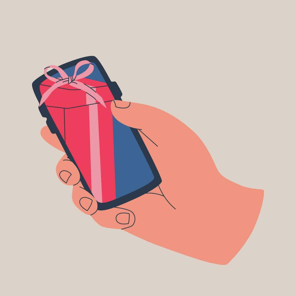 Human hand holds smartphone. Receiving gifts on web page or mobile phone app. Vector isolated illustration for design.