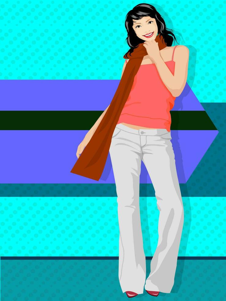 Portrait of sexy young woman in a pink tanks top, jeans white and brown scarf stand on abstract blue background. Vector illustration.